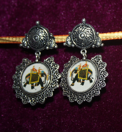 Padmavati Earring : German Silver Oxidized Earring with Framed Art - GlitterGleam