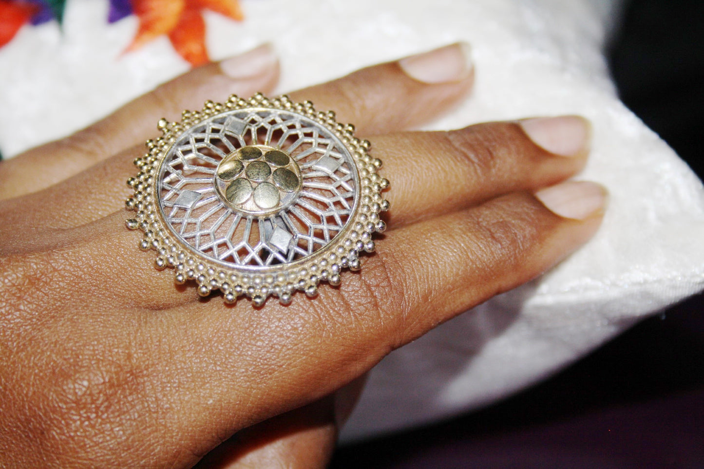 German Silver Chakra Oxidized Finger Ring - GlitterGleam
