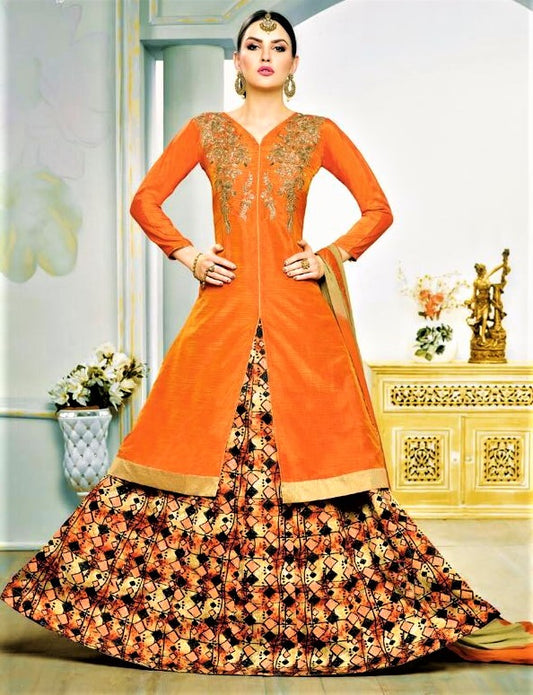 Semi-Stitched Orange Silk Lehenga Skirt - GlitterGleam