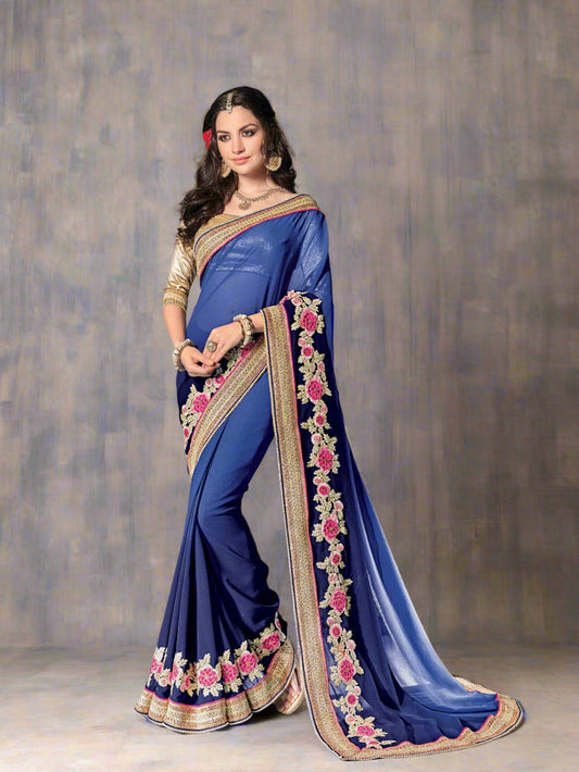 Navy Blue Shaded Gota and Pearl Border Pure Goregette Saree - GlitterGleam