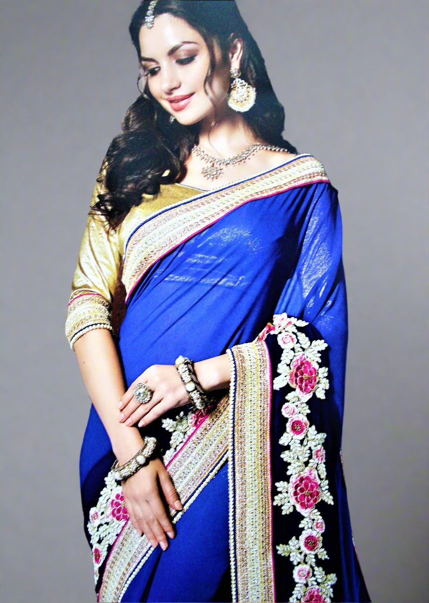 Navy Blue Shaded Gota and Pearl Border Pure Goregette Saree - GlitterGleam