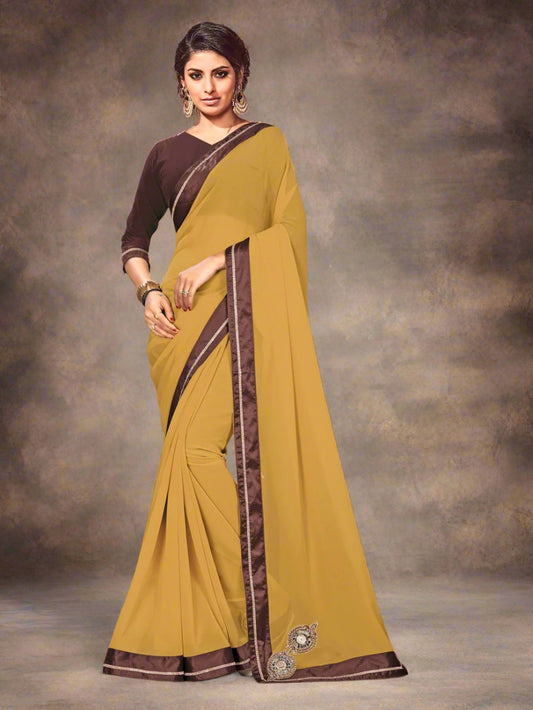 Designer Monochrome Olive Green Georgette Saree with Mirror and Zari work  and Brown Art Silk Border - GlitterGleam