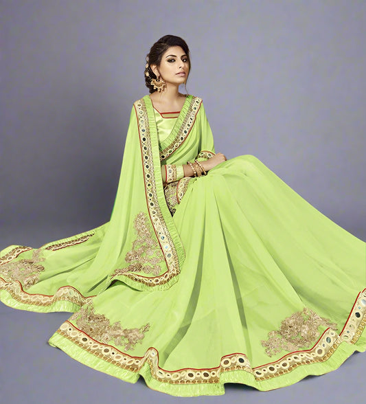 Pastel Green Mirror Work Style Georgette Saree with Art Silk Border and Designer Blouse - GlitterGleam