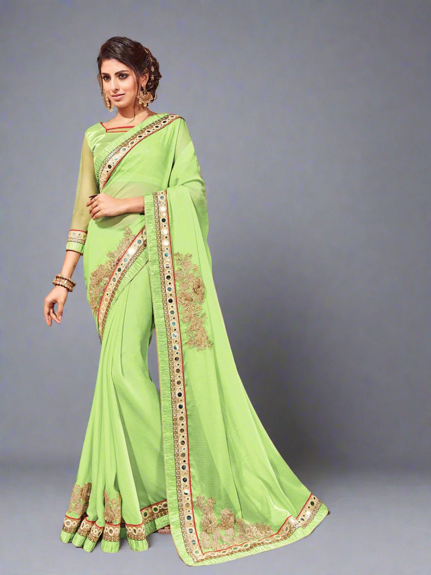 Pastel Green Mirror Work Style Georgette Saree with Art Silk Border and Designer Blouse - GlitterGleam