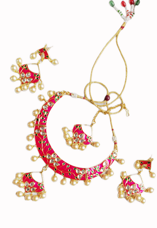 Pink Paradise Necklace Earrings and Maangtika Set