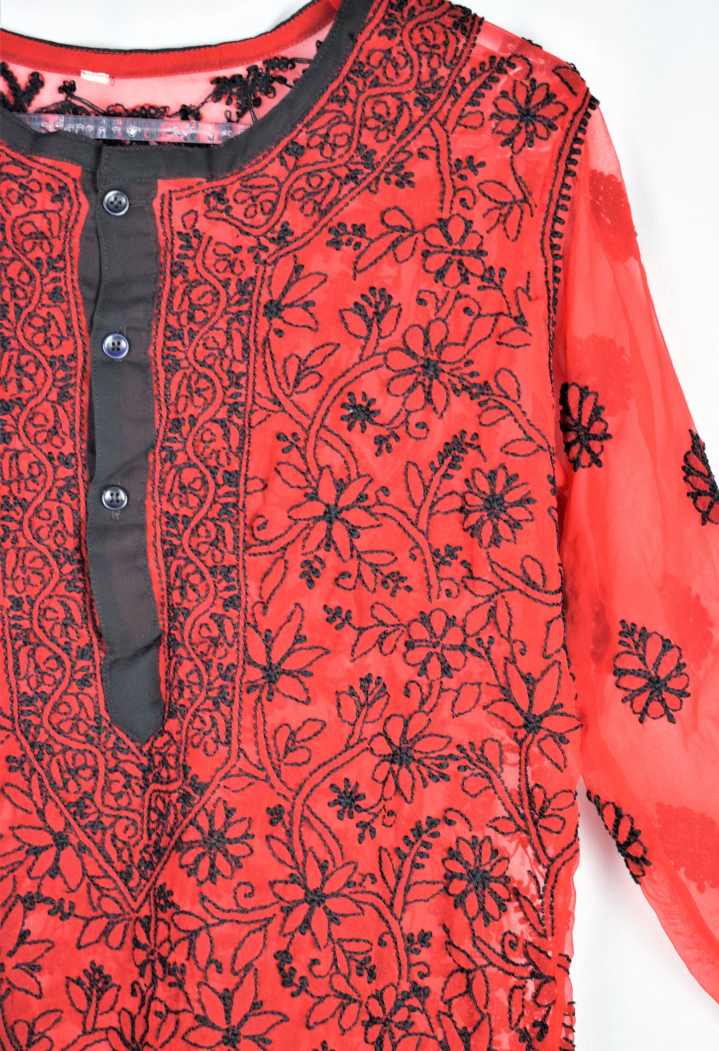 Full Embroidery Red and Black Chikan Kurta - GlitterGleam