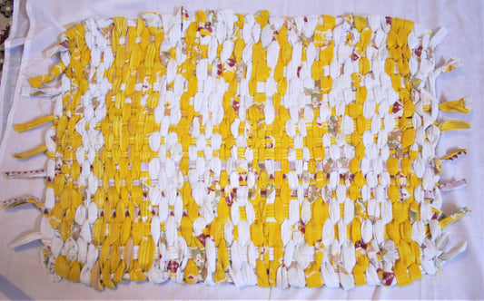 Recycled Handmade Rectangular Foot mat & Asani with White and Yellow Stripes - GlitterGleam