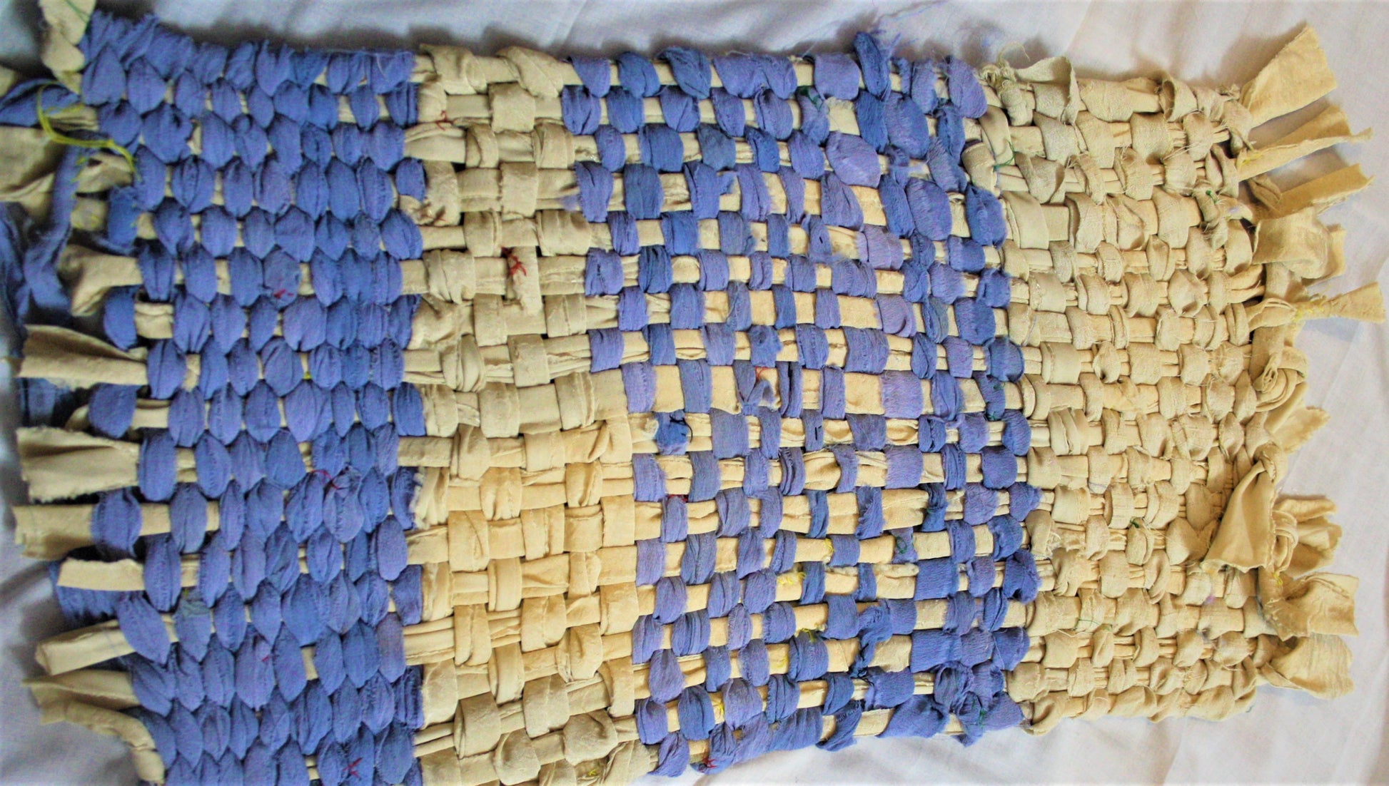 Recycled Handmade Rectangular Striped Foot mat & Asani in Blue-Beige Stripes - GlitterGleam