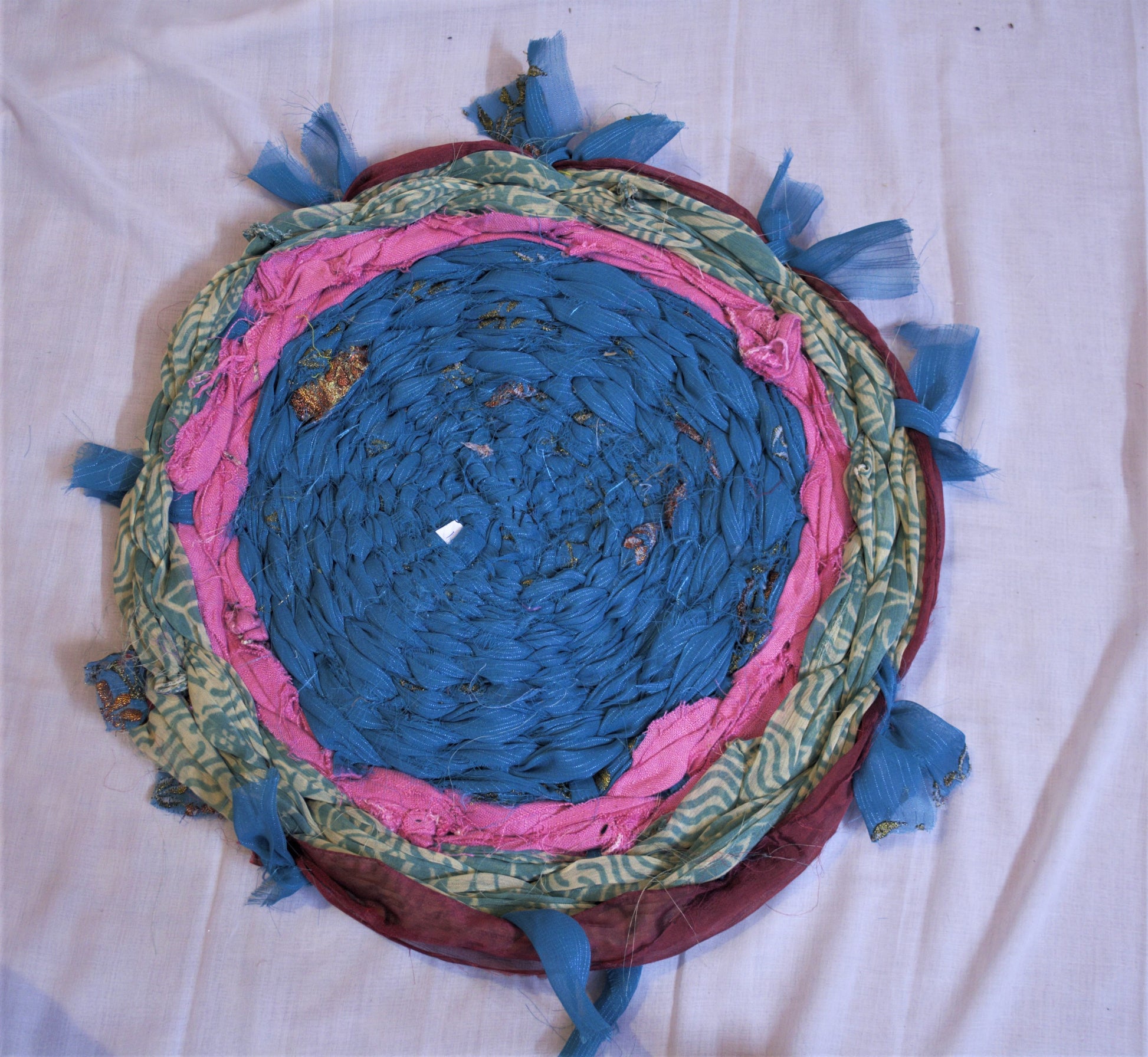 Recycled Handmade Round Asani and Foot Mat in Blue Color Pattern - GlitterGleam