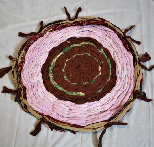 Recycled Handmade Round Asani and Foot Mat with Brown and Pink Patches - GlitterGleam