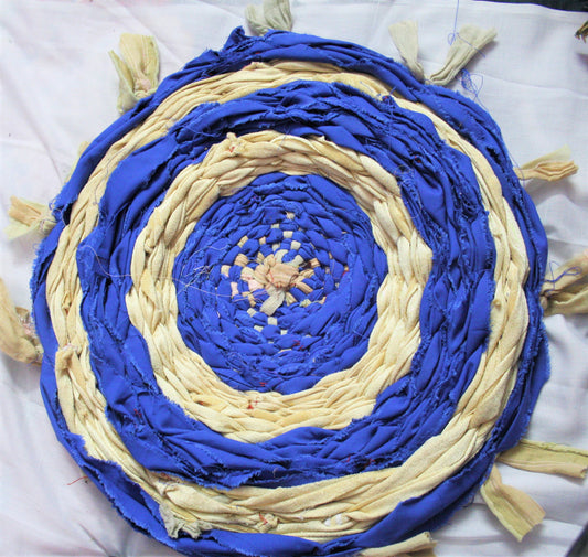 Recycled Handmade Blue & Beige Round Asani and Foot Mat - GlitterGleam