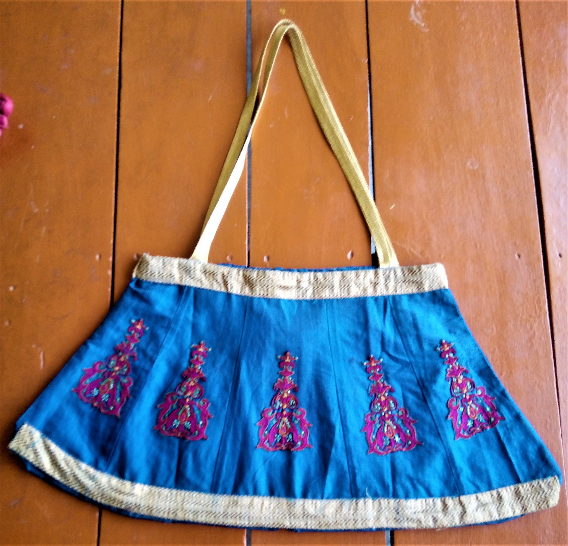 Handmade Blue Embroidered & Gota Work Recycled Bag - GlitterGleam