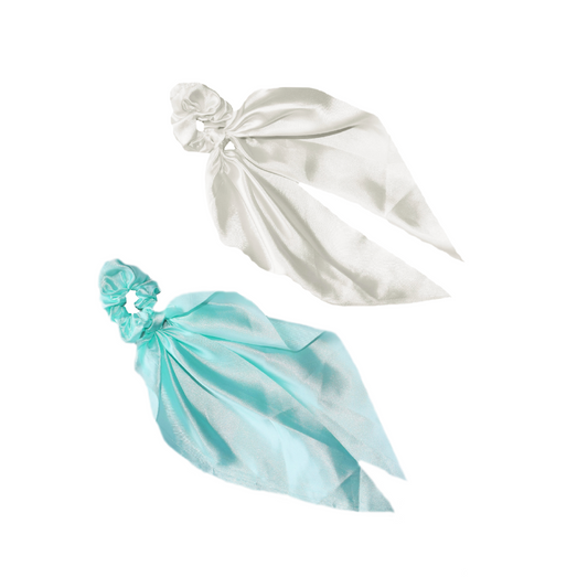 Satin Long Ribbon Scrunchies (2 in 1 Pack - White and Green)