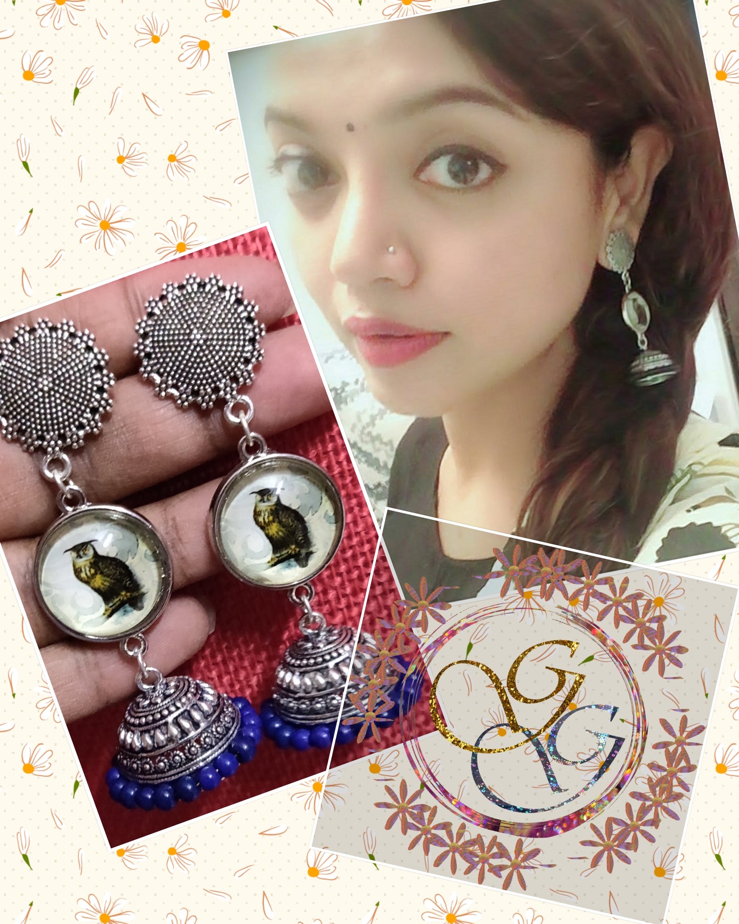 Silver Oxidised Picture Earrings with Jhumka