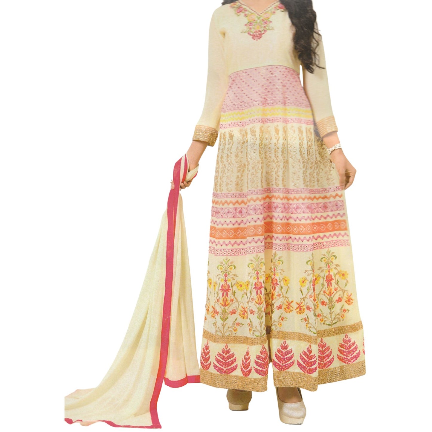 Designer Cream Color Anarkali Salwar Suit with Embroidery