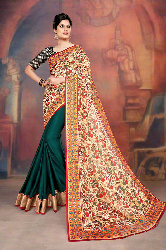 Designer Green Half-Half Crepe Saree with Floral Print and Brocade Blouse - GlitterGleam