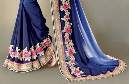 Navy Blue Shaded Gota and Pearl Border Pure Goregette Saree - GlitterGleam