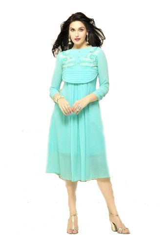 Designer Cyan Colored Embroidered Kurti - Glitter Gleam