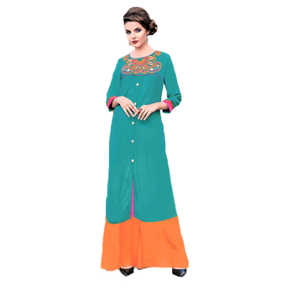 Teal Colored Button Down Slit Kurti - Glitter Gleam