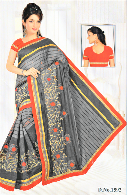 Designer Chanderi Cotton Embroidery Saree with Red Border - GlitterGleam