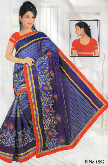 Designer Chanderi Cotton Embroidery Saree with Red Border - GlitterGleam