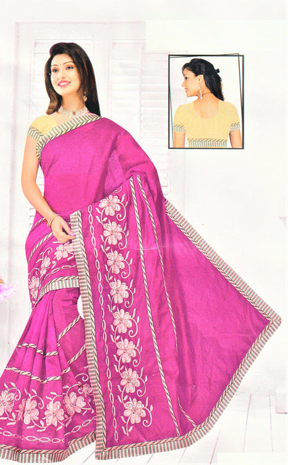 Wide Border Embroidery Cotton Saree - GlitterGleam