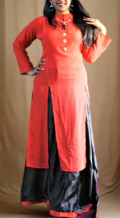 Ready-to-wear Double-Slit Button down Kurti with Long Printed Lehenga Skirt - Glitter Gleam