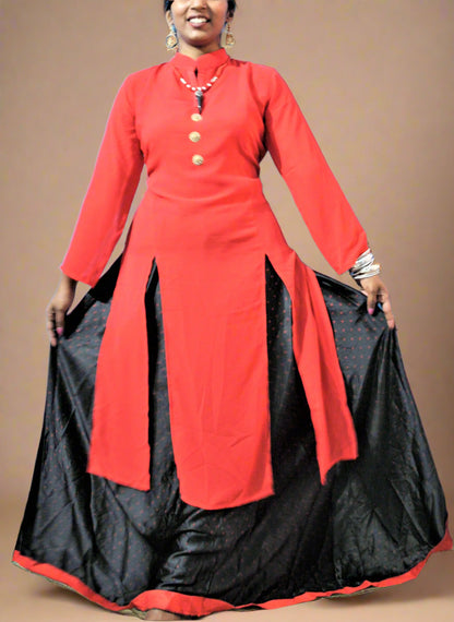 Ready-to-wear Double-Slit Button down Kurti with Long Printed Lehenga Skirt - Glitter Gleam