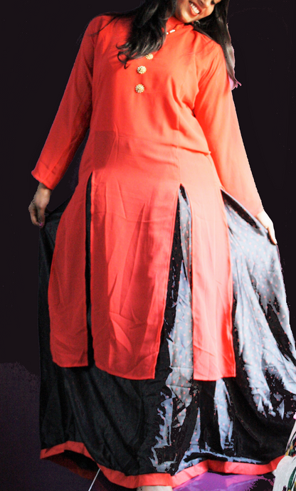 Ready-to-wear Double-Slit Button down Kurti with Long Printed Lehenga Skirt - Glitter Gleam